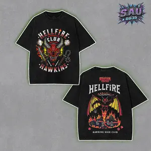Stranger Things Hellfire Club Shirt - Urban Streetwear Washed Boxy-fit Tee, Hawkins High School Eddie Munson Aesthetic Graphic Tops, Soft Cotton Casual Seamless Apparel, Gift for TV Show Fans Menswear