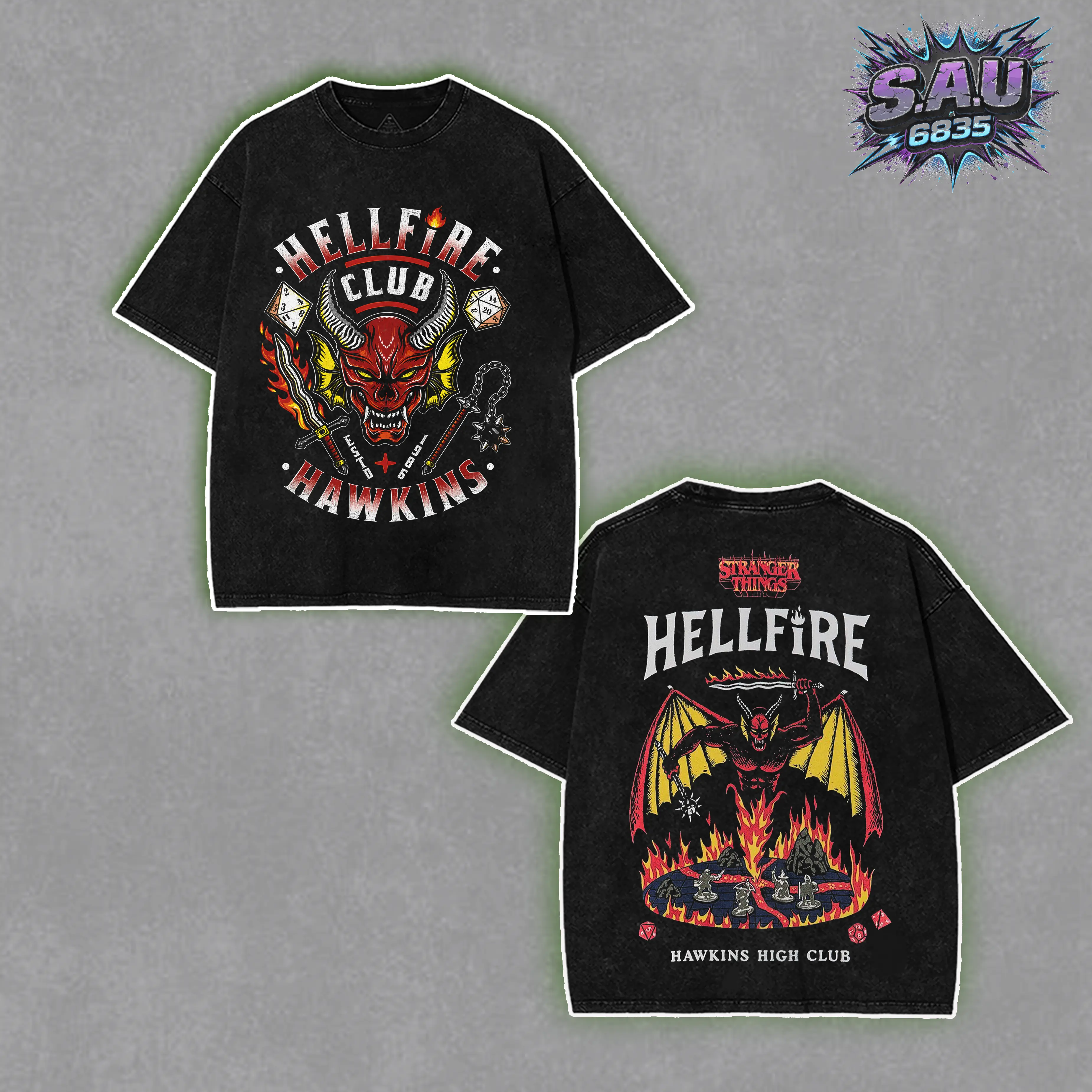 Stranger Things Hellfire Club Shirt - Urban Streetwear Washed Boxy-fit Tee, Hawkins High School Eddie Munson Aesthetic Graphic Tops, Soft Cotton Casual Seamless Apparel, Gift for TV Show Fans Menswear