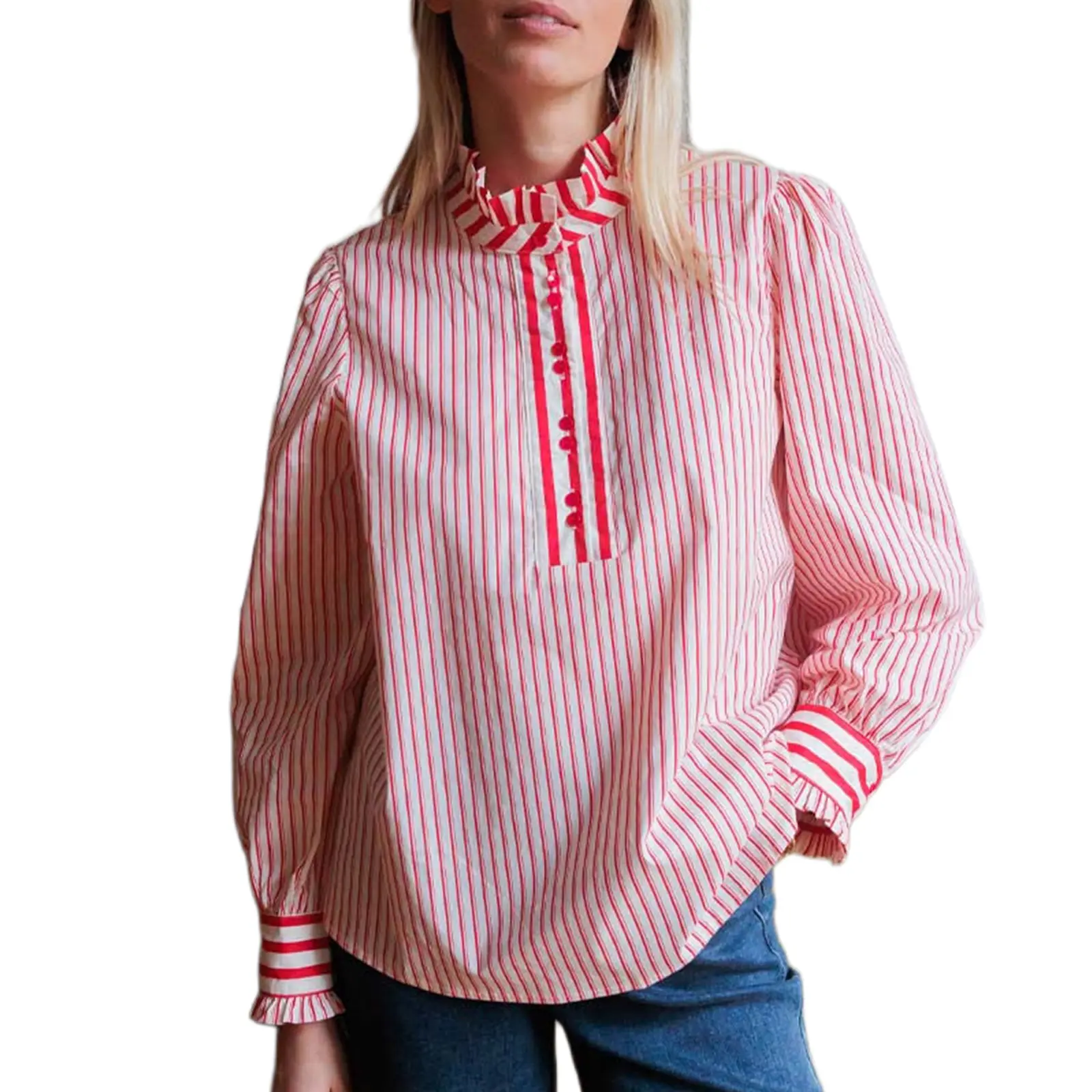 Dokotoo Women's Striped Casual Pullover Blouse Gathering Half Button Long Sleeve Loose Fit Tunic Top