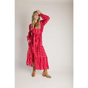 The Clarisa Striped Button-Up Maxi Dress in Fuchsia + Orange