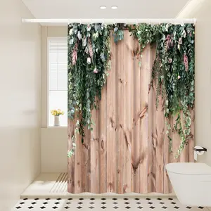 1pc Floral Wooden Shower Curtain, Nature - Inspired Bathroom Decor, Greenery - Draped Wood Design, 70.9x70.9in Hanging Curtain with Hooks, Ideal Gift for Housewarming or Friends, Bathroom Accessory