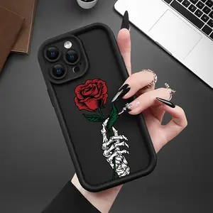 Phone Case Featuring a Skeleton Hand And Rose Print Design, Compatible with iPhone 17 E Air Pro ProMax iPhone16 15 14 Plus 13 12 Mini 11 X XS XR, Offering Lens Protection And Made from Durable, Dirt-Resistant TPU Material.
