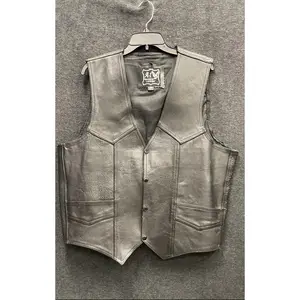 A-1 Men's Black Genuine Leather Western Biker Motorcycle Snap Front Vest Sz 48