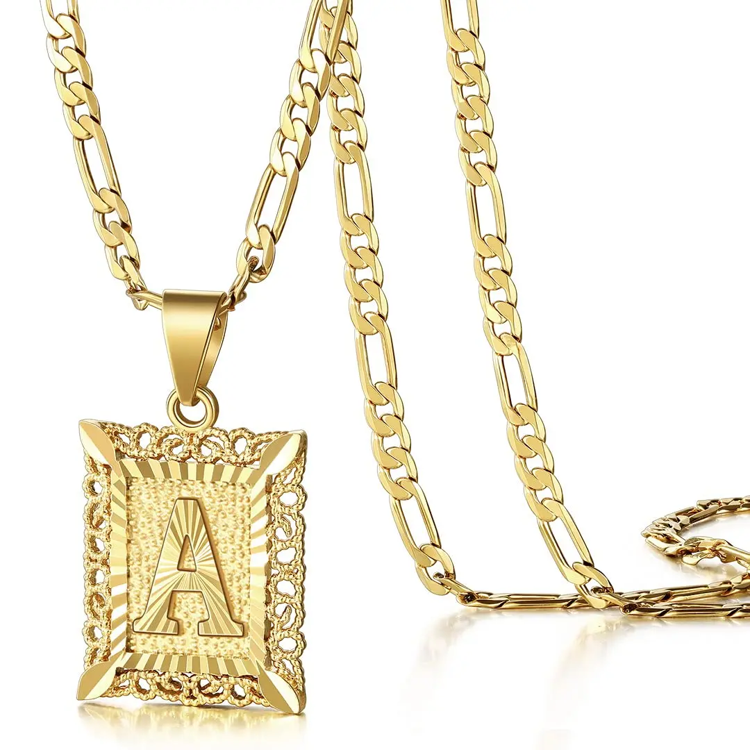 Kissyan Square Initial Necklace 14K Gold Plated Stainless Steel Letter Pendant Men Women Collar de Letra Acero Inoxidable Unisex Gift, Chain Pendant, Gold Plated Necklaces