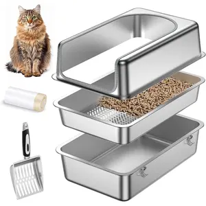 Stainless Steel Sifting Litter Box for Pine Pellets,Sifting  Litter Box with Lid,High Sides Metal Sifter Litter Pan System for Big Cats,Odor Control,Easy to Clean
