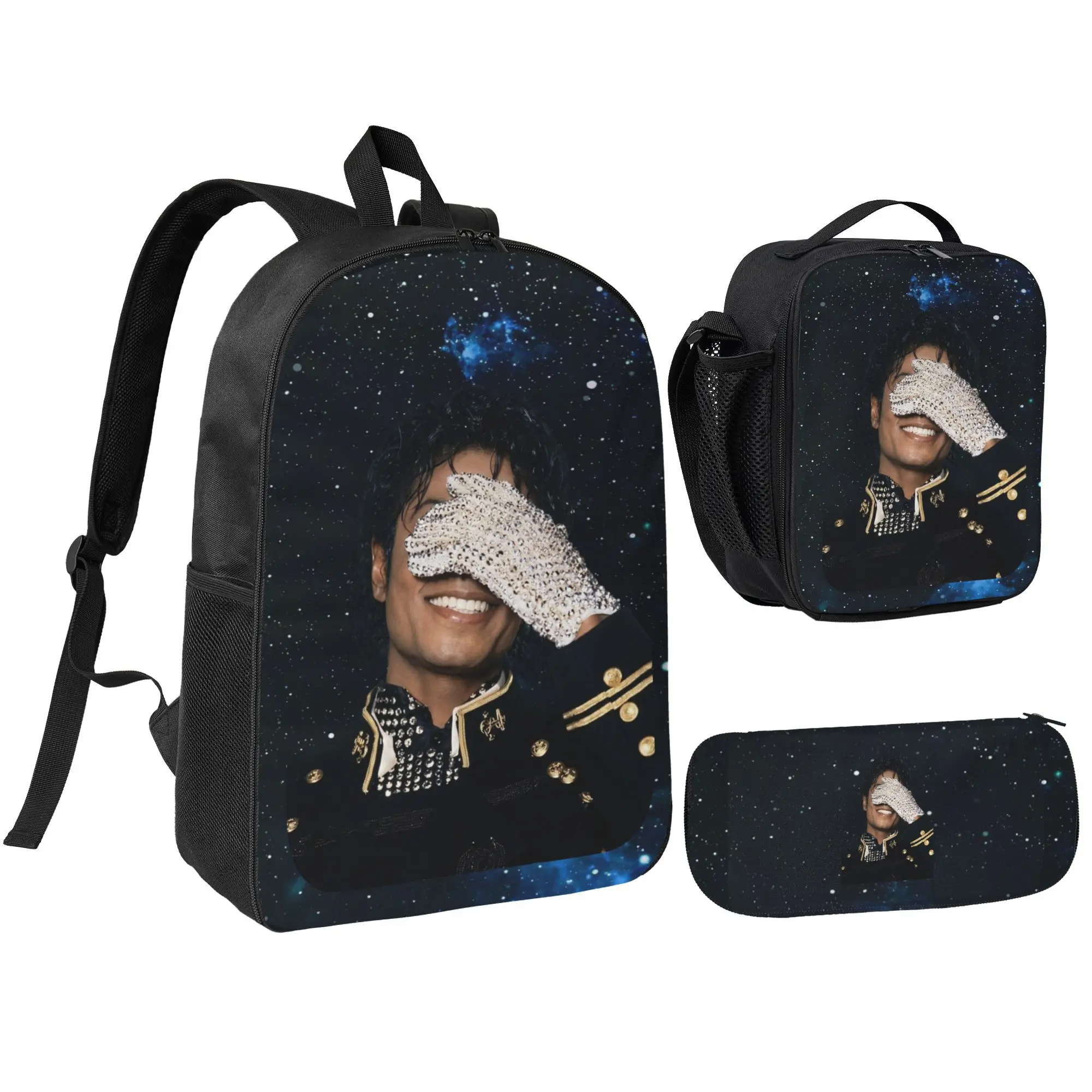 Michael Jackson Galaxy Graphic 3 Piece Backpack Set, Vintage Pop Legend Bookbag with Insulated Lunch Bag & Pencil Pouch, Casual School Supplies for Teens Fans