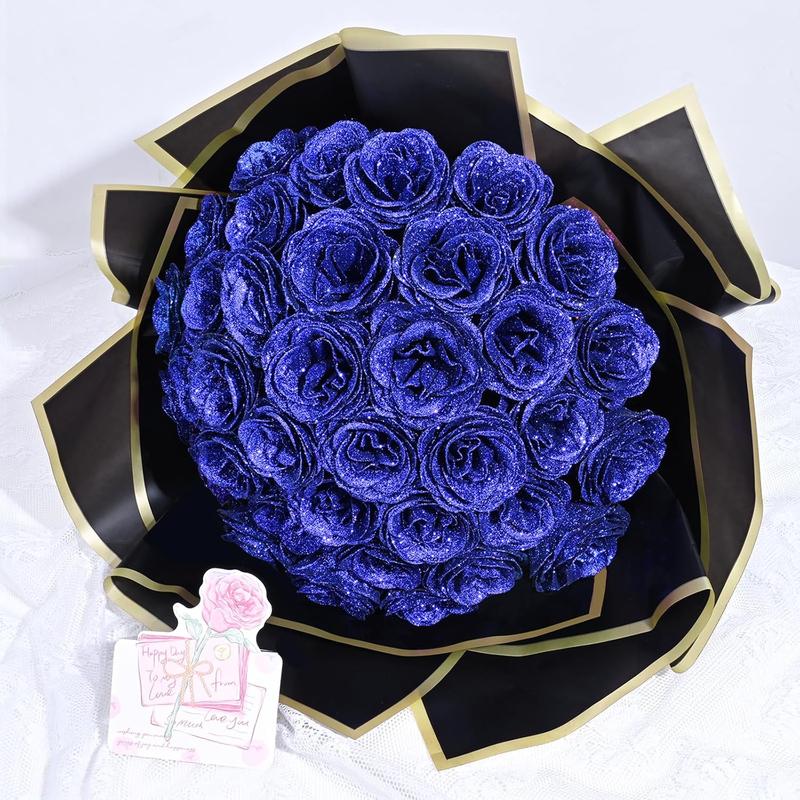 Glitter Roses Bouquet, DIY  Glitter  Bouquet, Everlasting Shiny Artificial Blue Rose Bouquet, Anniversary, Engagement, Wedding,24 Roses