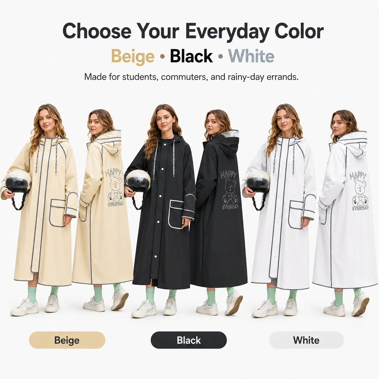 Raincoat for Women, Knee-Length Lightweight Waterproof Poncho with Hood, Plain Loose Fit for Travel & Cycling, M
