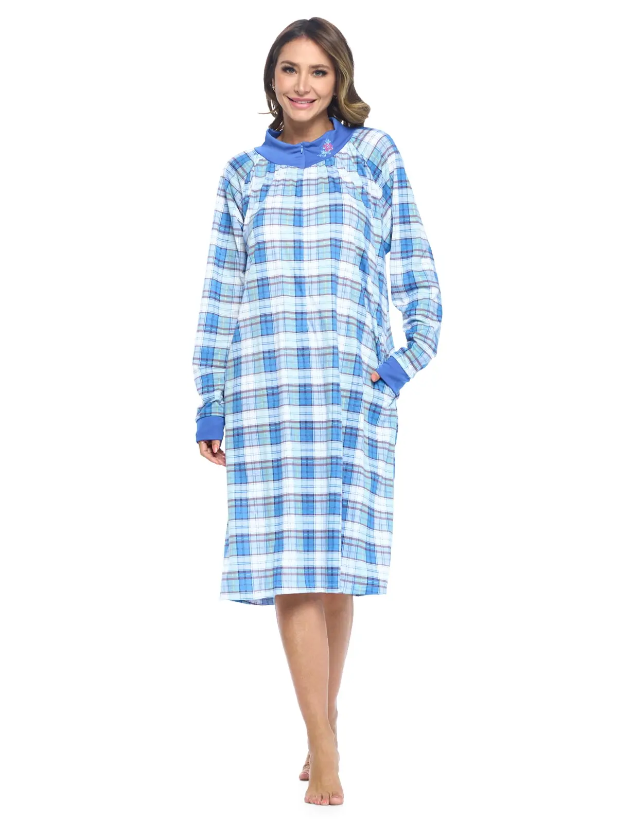 Casual Nights Women's Plaid Knit Lounger, Lightweight Cotton Blend Zip-Up Nightgown with Flower Embroidery and Pockets, Robe, Soft, Comfortable, Loose, Polyester, Breathable, Fit, Nightwear, Long Sleeve, Loose Fit, Style, Round, Flower Emb.
