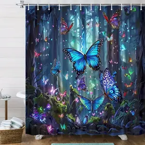 Psychedelic Forest Lively Butterfly Shower Curtain, Waterproof Bathroom Curtain with 12pcs Hooks, Bathroom Accessory, Bathroom Decor Supplies for Home Hotel Salon, Bathroom Decoration Accessories