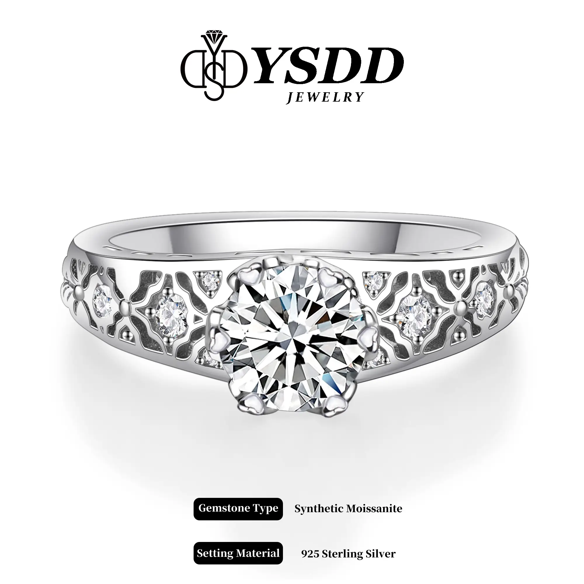 【#318 Margaret】Antique Filigree 1CT Synthetic Moissanite Engagement Ring in 925 Sterling Silver