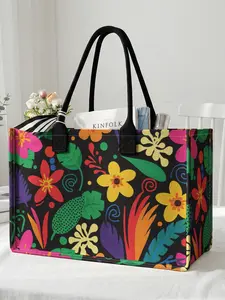 1 piece of 2D printed large-capacity storage bag with colorful floral pattern, extra large storage bag, Casual Shopping Bag, sturdy handle, space-saving multi-purpose, suitable for use at school, on business trips, and shopping, Flower Bags