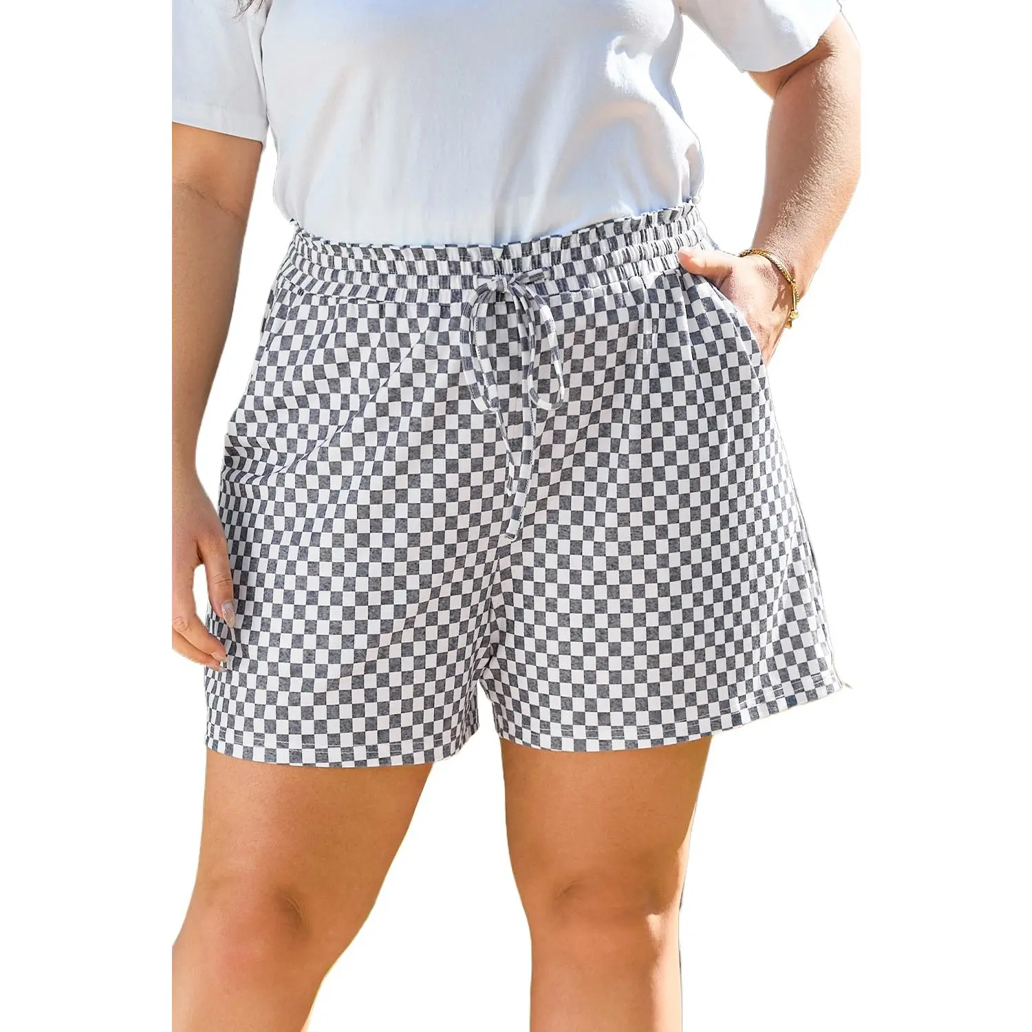 Women's Plus Size Fashion Gray Checkerboard Plaid Shorts - High Waist Lace-Up, Comfortable Fit for Summer Daily Wear
