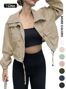 Women's Solid Zip Up Drawstring Hem Jacket, Casual Long Sleeve Collared Outerwear for Spring & Fall, Ladies Clothes for Daily Wear