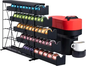 Black Metal 5 Tier Coffee Pod Holder,  Coffee Pod Holder Coffee Pod Wall Mountable Storage Drawer, for Vtline Capsule Coffee Machine (50 Pods Capacity)