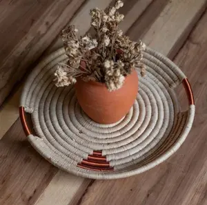 LUWO Handwoven Elephant Grass Art Tray with Copper Detailing for Home Decor and Item Gathering