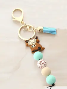 Highland Cow Silicone Beaded Keychain with Tassel, Cute Cartoon Punk Style, Trendy Cute Keychain, Animal Theme, Lobster Clasp, Ideal Gift for Friends