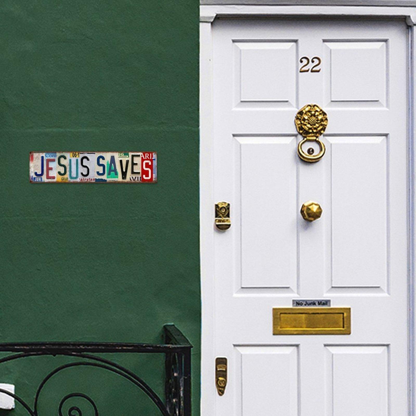 16×4 Inch Jesus Saves Vintage Metal Sign, Retro License Plate Style Christian Aluminum Wall Decor, Pre-drilled Religious Wall Art for Home Garage
