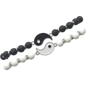 2Pcs Handmade Yin Yang Natural Stone Bead Bracelet Set for Women Men Best Friend Adjustable Braided Cord Strand Tai Chi Gossip Couple Matching Bracelet Friendship Jewelry Gift