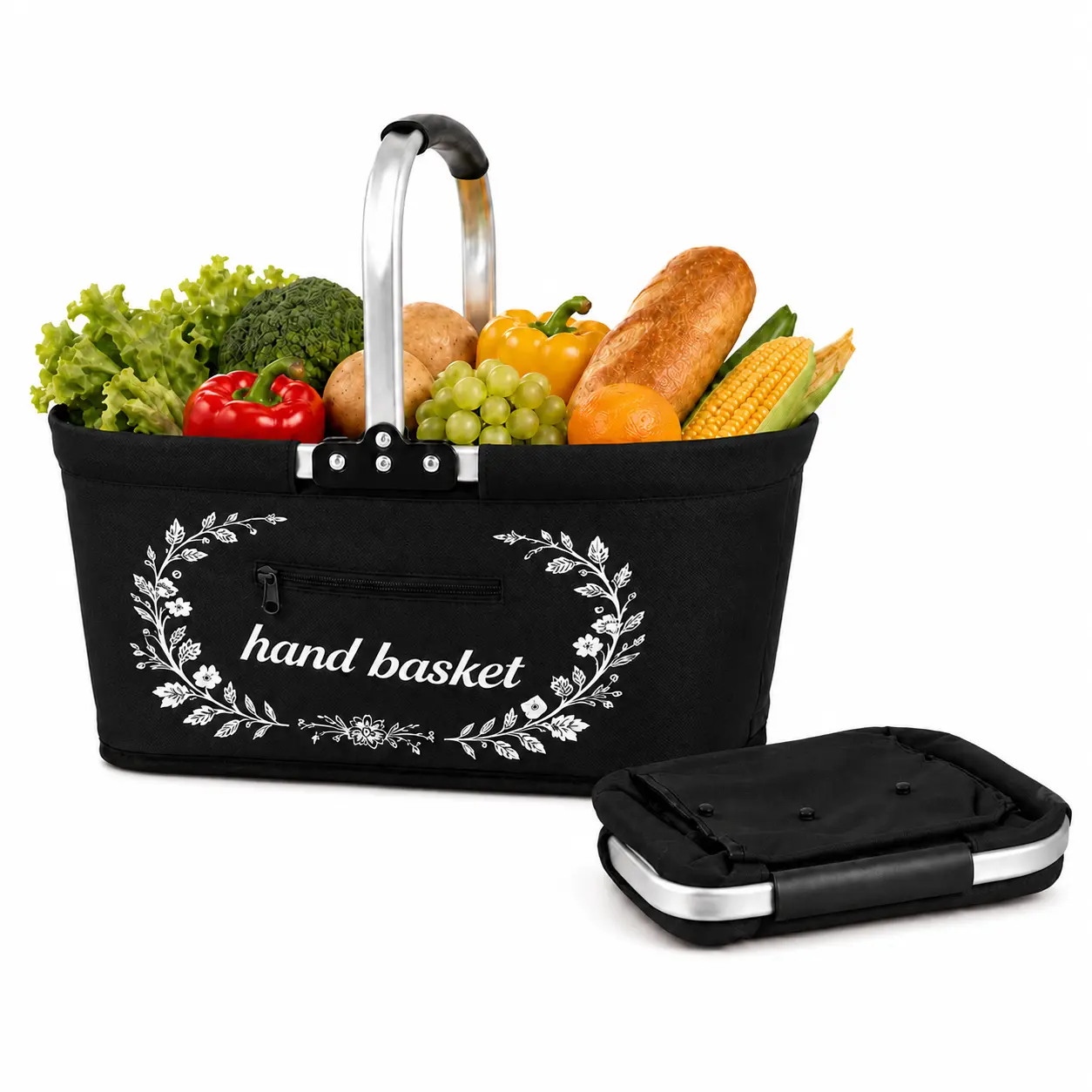 Foldable Shopping Basket with Aluminum Handle, Insulated or Non-Insulated Reusable Grocery and Picnic Basket, Collapsible Market Tote for Shopping, Camping, Kitchen Storage and Car,