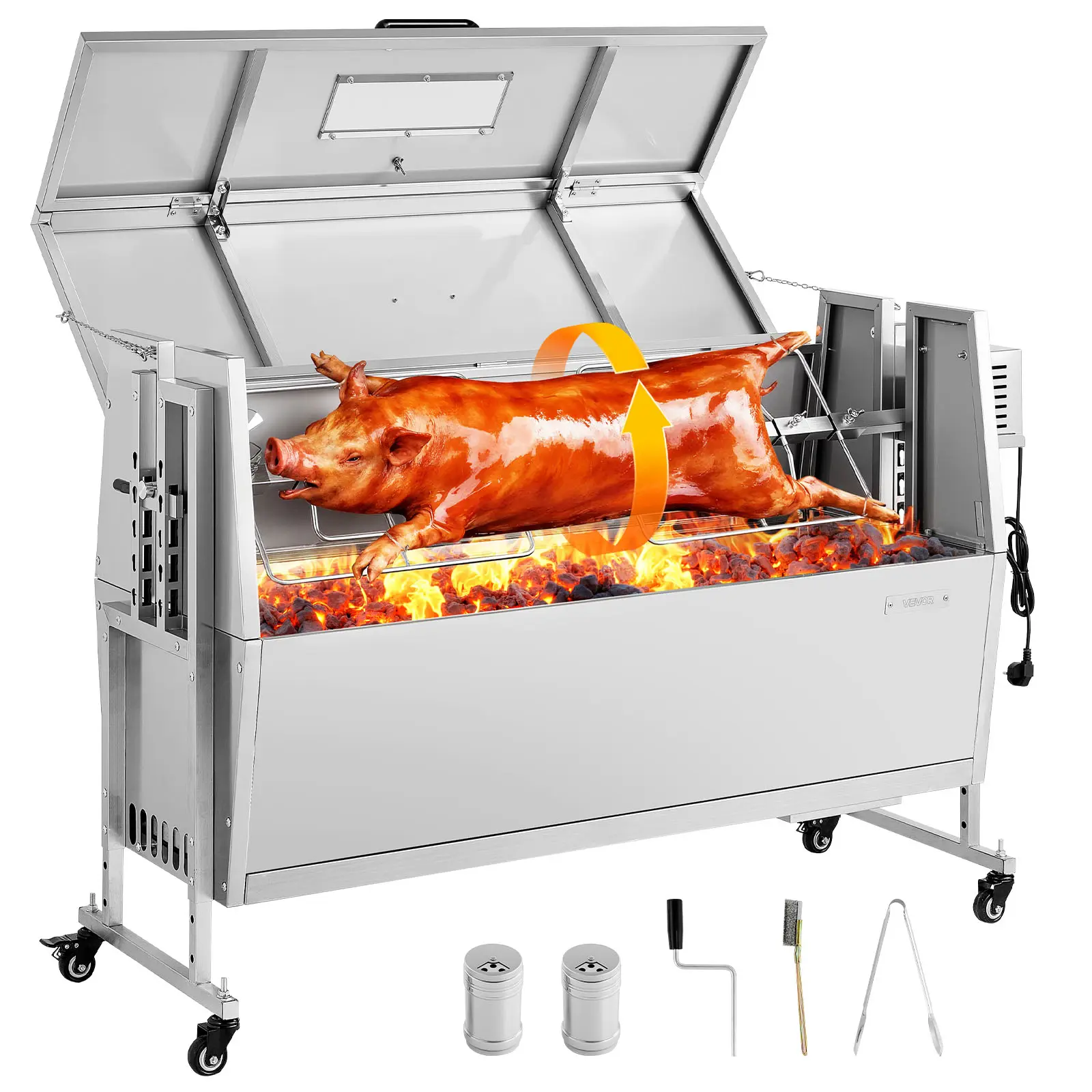 VEVOR Rotisserie Grill 38W BBQ Outdoor Pig & Lamb Spit Roaster, Charcoal Spit Roaster with 132 LBS Capacity, Wheels & 4-Level Height, Stainless Steel Rotisserie Grill Kit for Camping Outdoor Parties