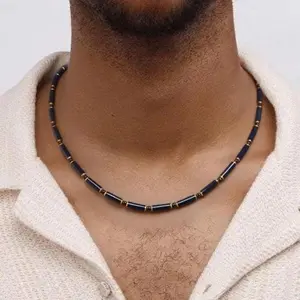 Black Onyx Hematite Tube Necklace: Minimalist Agate Gemstone Boho Protection, Spiritual Healing Protection Powerful, Men's, Gift for Him