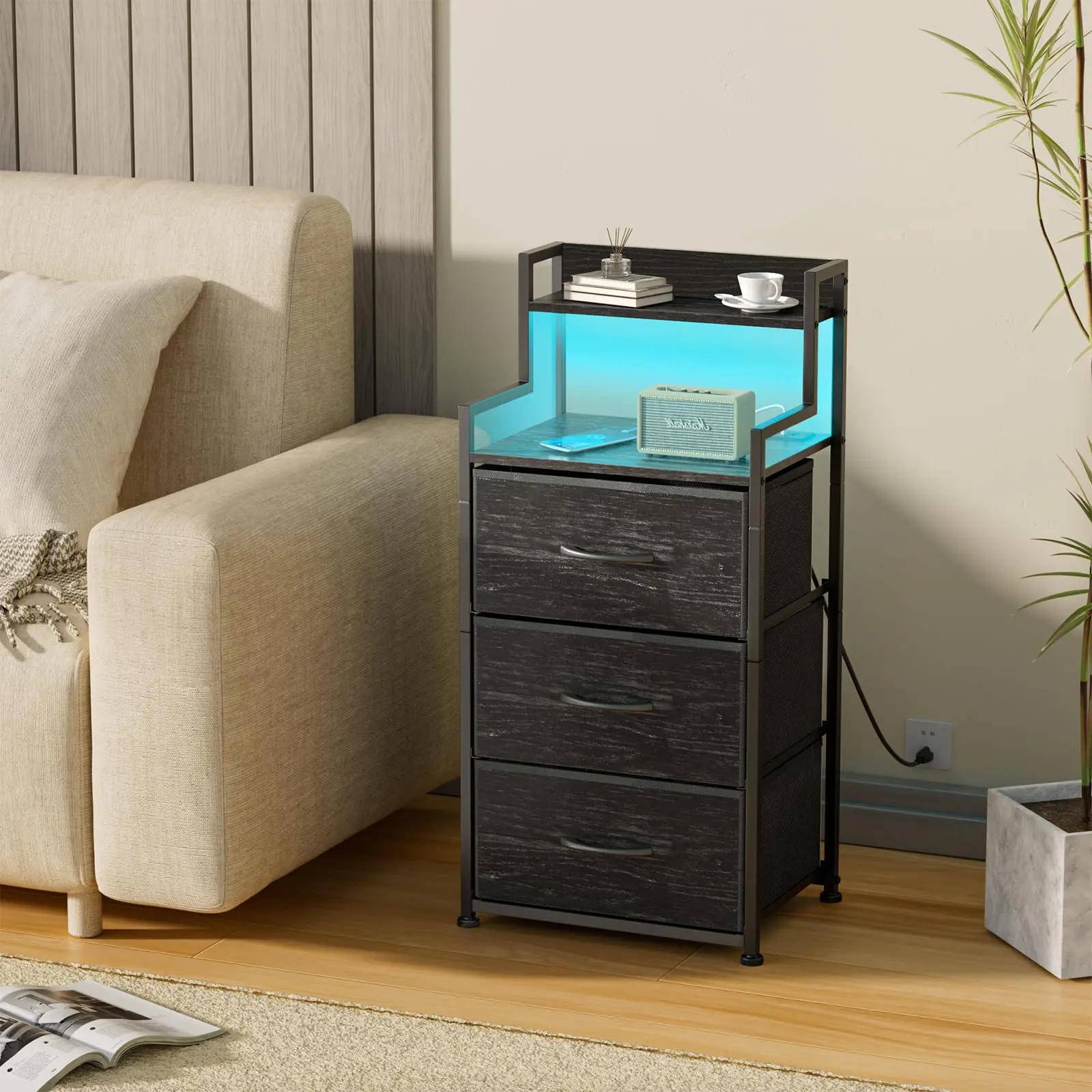 Tall Nightstand with Light and Charging Station, Night Stand with 3 Fabric Drawers and Storage Shelf, Nightstands Bedside Tables with USB Ports Outlets for Bedroom, Home, Dorm