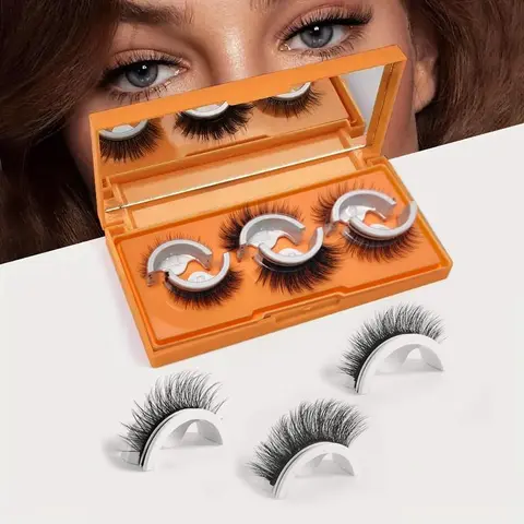 Reusable Self Adhesive Eyelashes with Replacement Strip, 3 Pairs Free Glue Natural Curling False Eyelashes, Eye Makeup Products for Women & Girls