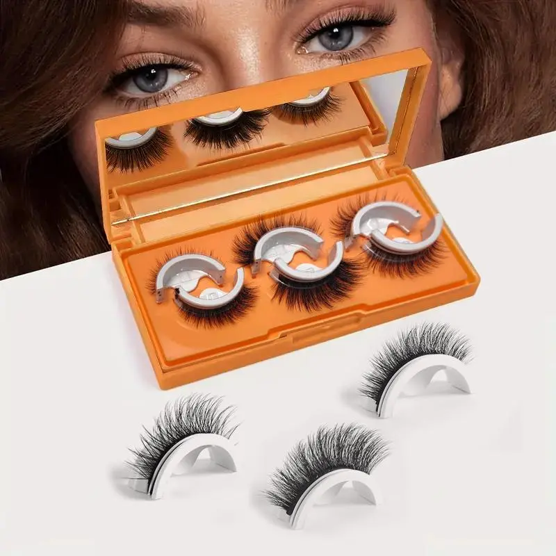 Reusable Self Adhesive Eyelashes with Replacement Strip, 3 Pairs Free Glue Natural Curling False Eyelashes, Eye Makeup Products for Women & Girls