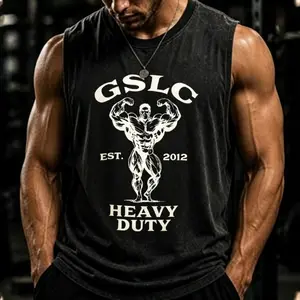 Retro Gym Heavy Duty Graphic Tank Top - Vintage Bodybuilder "GSLC" Print Sleeveless Tee, Unisex Oversized Casual Vest, Workout & Streetwear Aesthetic for Men & Women
