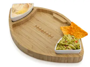 Eternal Living Football Shaped Bamboo Serving Tray with Carved Grooves and Two Ceramic Bowls for Dips and Toppings, 15" x 10"