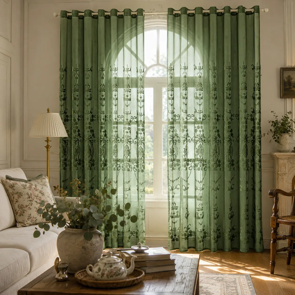 2PCS  Vintage Floral Velvet Print Sheer Curtain , Grommet Punch Hole Design, Transparent Light Pass Through Window Curtains for Home Decor