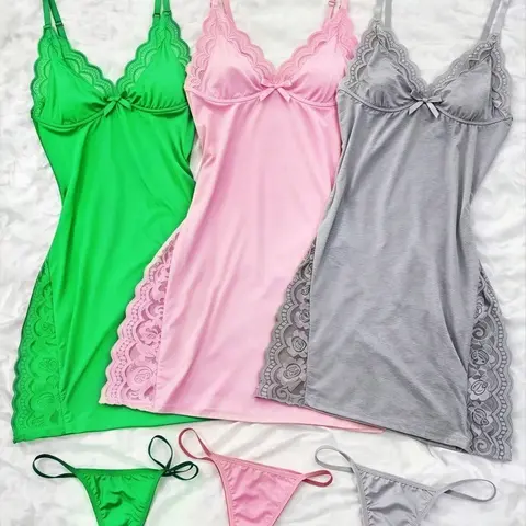 Lace Panelled V-neckline Side-opening Women's Nightdress For All Season Home Wear