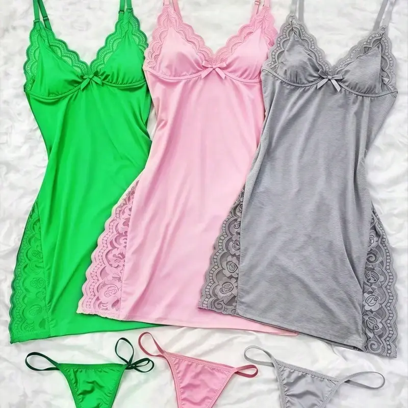 Lace Panelled V-neckline Side-opening Women's Nightdress For All Season Home Wear
