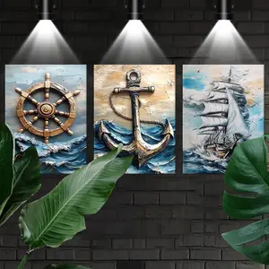 Vintage Nautical Wall Art - 3pcs Framed Canvas Set with Ship, Anchor, and Steering Wheel - Multipurpose Sea-Themed Decor for Living Room, Office - Wall Hanging, Fabric Print, No Electricity Needed