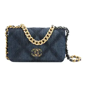 Pre-owned CHANEL Leather Shoulder Bags 19 WOC Wallet on Chain in Blue Denim with Mixed Metal Chain Strap