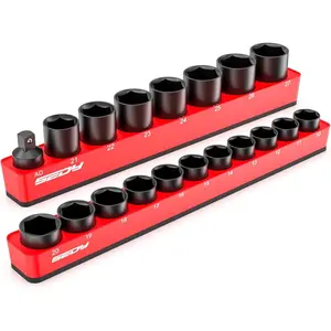 2-Piece 1/2"-Drive Metric Magnetic Socket Organizer Set (Holds 19 Sockets) - Detachable Tray with 5mm Magnetic Base, Screw-Fixed Design & Heavy-Duty Modular Storage for Garage/Home Workshop