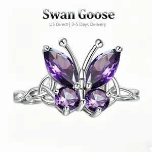 S925 Sterling Silver Elegant Ring, Celtic Knot Butterfly Design, Irregularly Cut Purple Zirconia, Gift for Women, Daughter, Girls, Pertect for Birthday Party and Daily Wear tiktokshopspringglowup