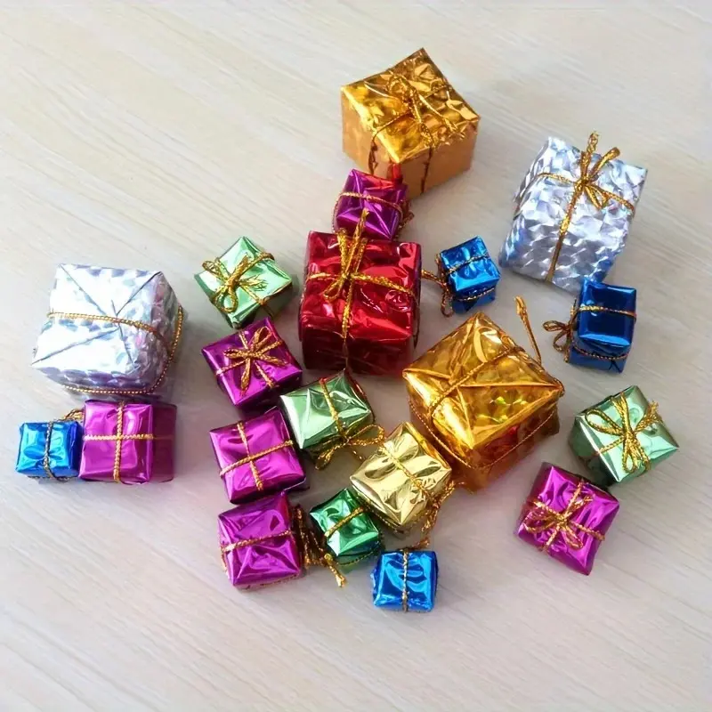 50pcs Mini Christmas Ornaments- Colorful 3D Gift Boxes for Tree Decoration, DIY Party Event Supplies