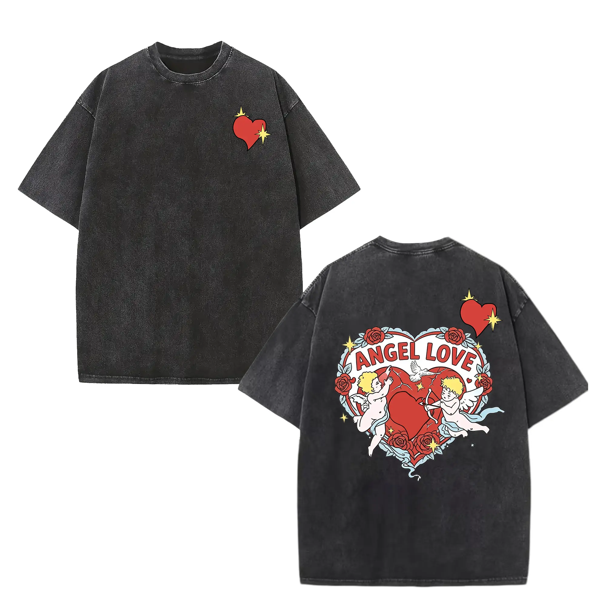 TikTok Viral "Angel Love Cupid" Oversized T-Shirt, Vintage Washed Black Romantic Y2K Streetwear Tee