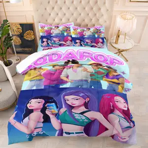 K-Pop Soda Pop Anime Comforter Set, High Definition Print, Soft Breathable All Season Bedding, Neon Idol Group Pattern, 1 Quilt + 1/2 Pillowcases, Bed Linen for Teens, Bedroom Dorm Apartment Decor