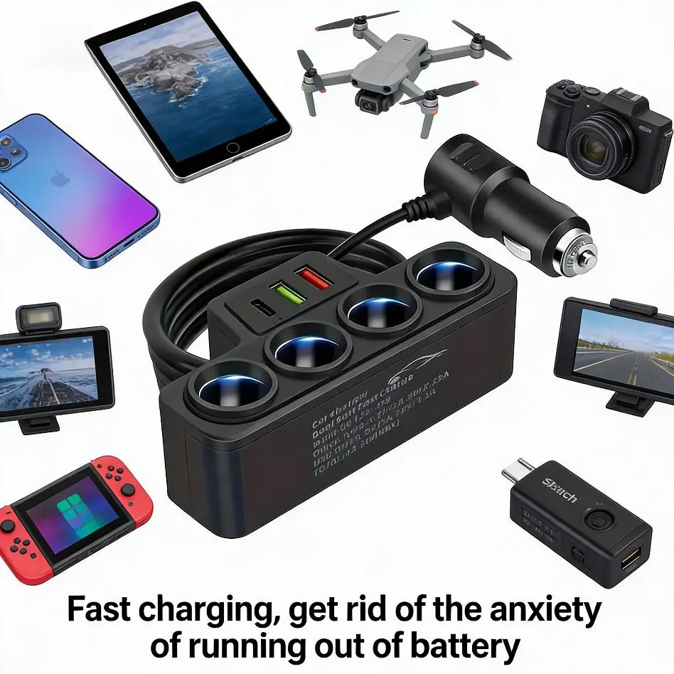 Multi-Function Cigarette Lighter Splitter, Cell Phone Car Charger, 4 Cigarette Lighter Sockets, 1 PD Fast Charger Port 2-Port USB Power Adapter for Cell Phones Adapter