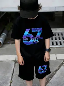 Street Style Starry Sky Digital Kids Clothing Set, Boys Short Sleeve Shorts Two-Piece, Casual Fitted Summer Wear, Children
