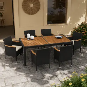 【3 Packages】Costoffs 7-Piece Outdoor Dining Set with Wooden Table and 6 Rattan Armchairs, 300lb Capacity per Chair for Patio and Backyard
