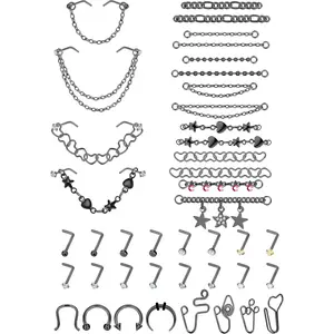 Sanfenly 38Pcs 20G Nose Rings Studs with Chain for Women Men, Stainless Steel Septum Rings Hoop Nose Piercing Jewelry Set