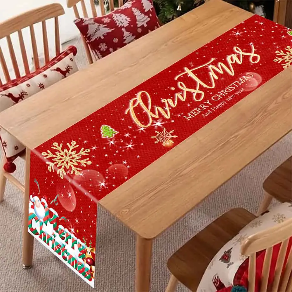 Christmas Table Runner 70.87x12.99 Inch, Red Merry Christmas Santa Reindeer Snowflake Print Polyester Table Decor, Holiday Dining Table Runner for Xmas Party Home Kitchen Decoration