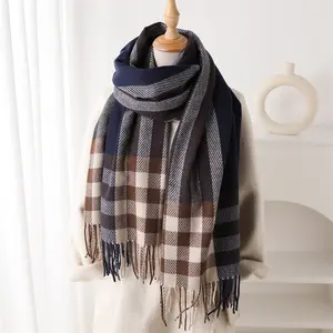 New plaid color matching cashmere warm shawl scarf autumn and winter fashion high-end versatile fringed scarf