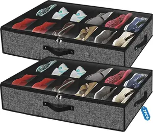 2 Pack Sturdy Under Bed Shoe Storage Organizers, Fit Total 24 Pairs, Large Underbed Closet Shoes Box Container Bag with Clear Cover