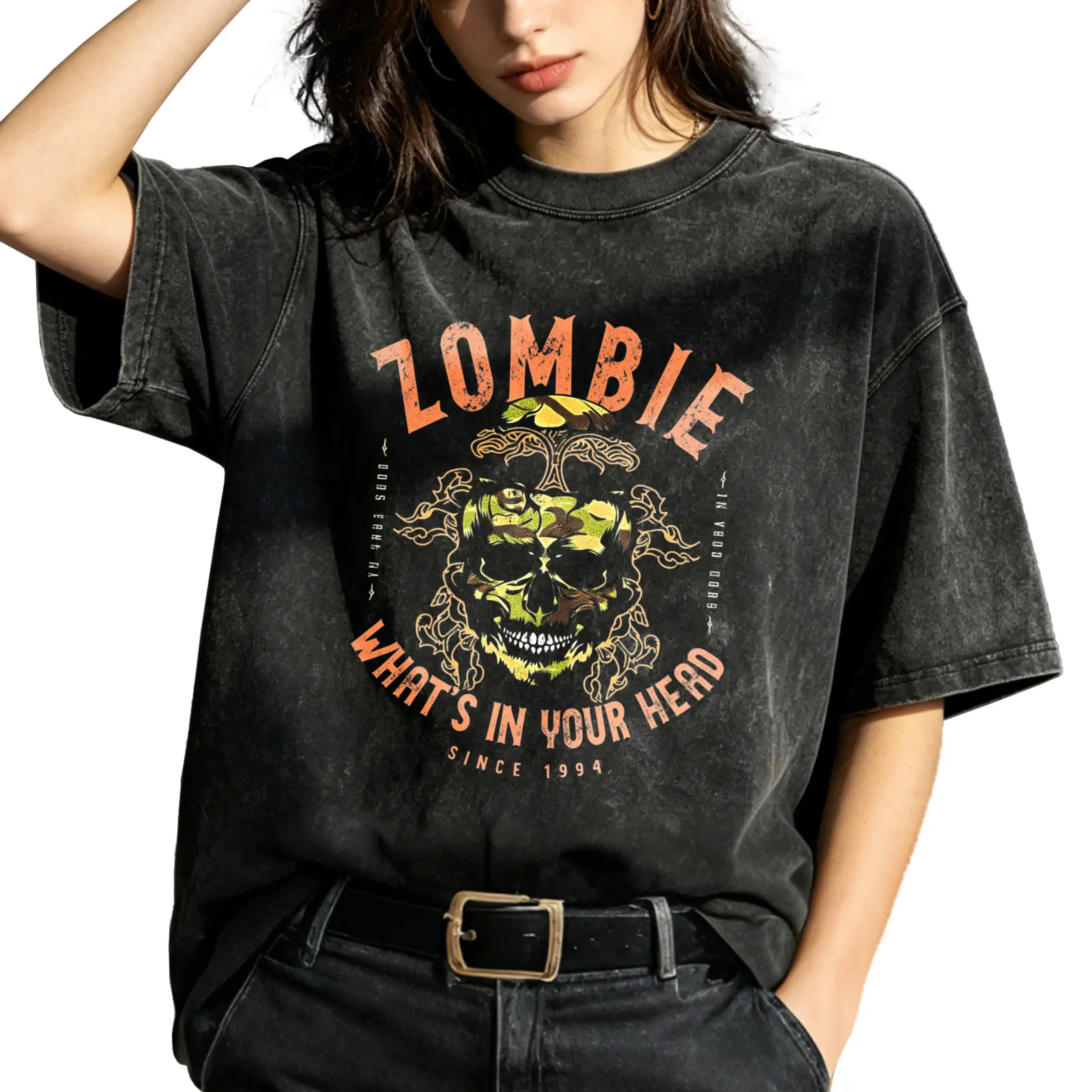 Zombie Skull Graphic Women's Vintage Washed T-Shirt Zombie Skull Graphic Print Design Oversized Graphic Tee Outdoor Casual Short Sleeve