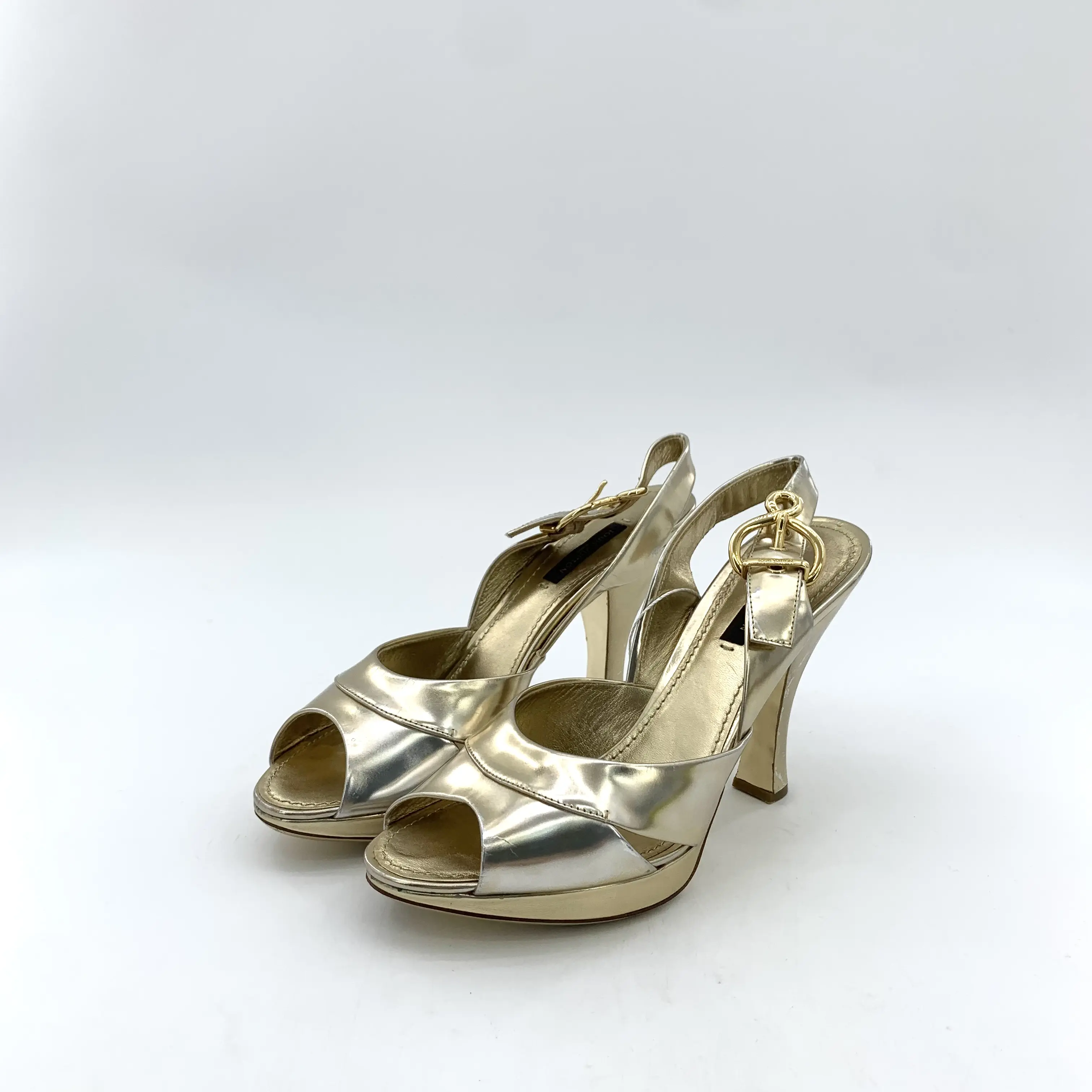 RDLTS— Louis Vuitton Champagne Peep-Toe Buckle Heels Size US 6.5